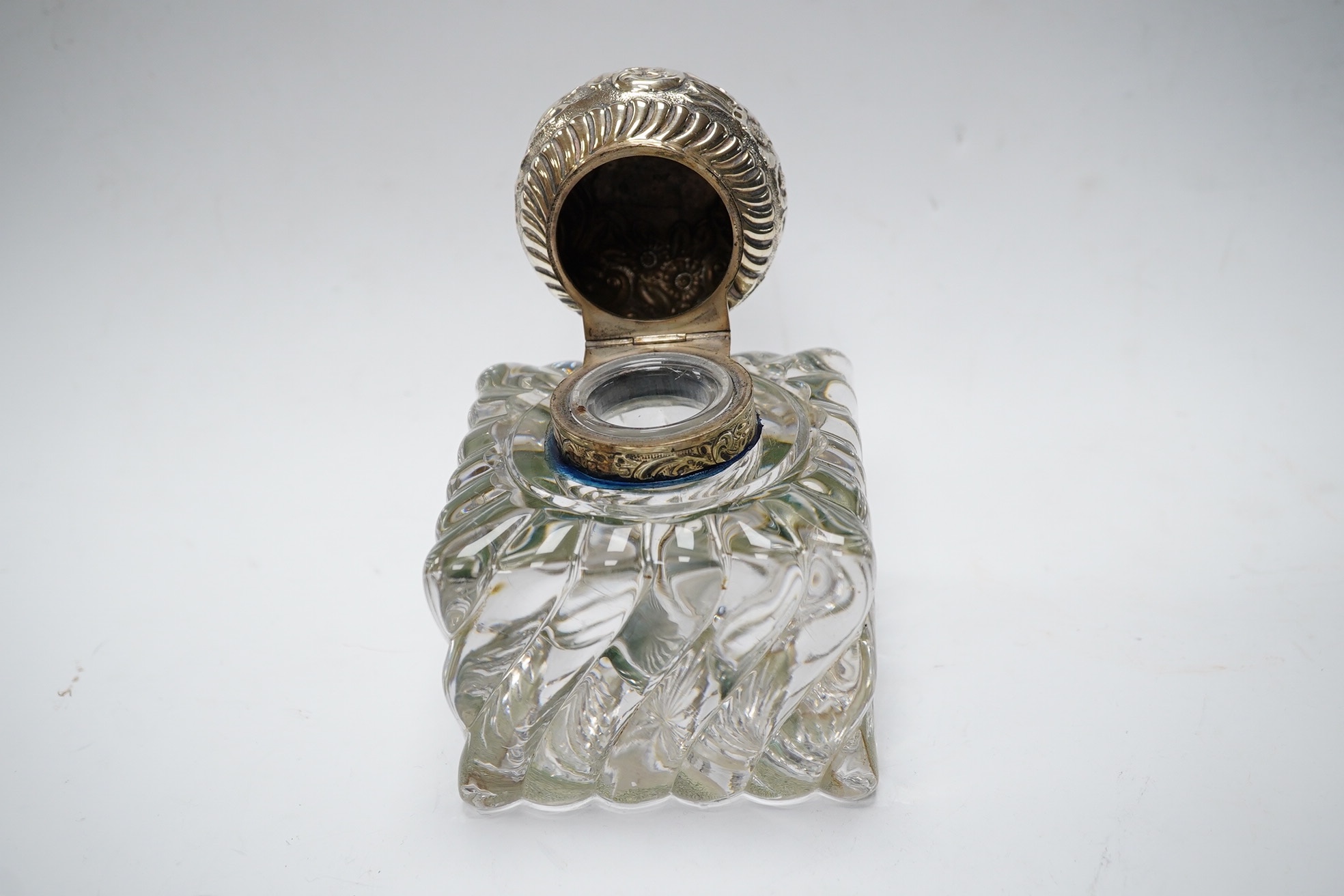 A late Victorian square wrythened fluted glass silver mounted ink pot, height 12cm. Condition - fair